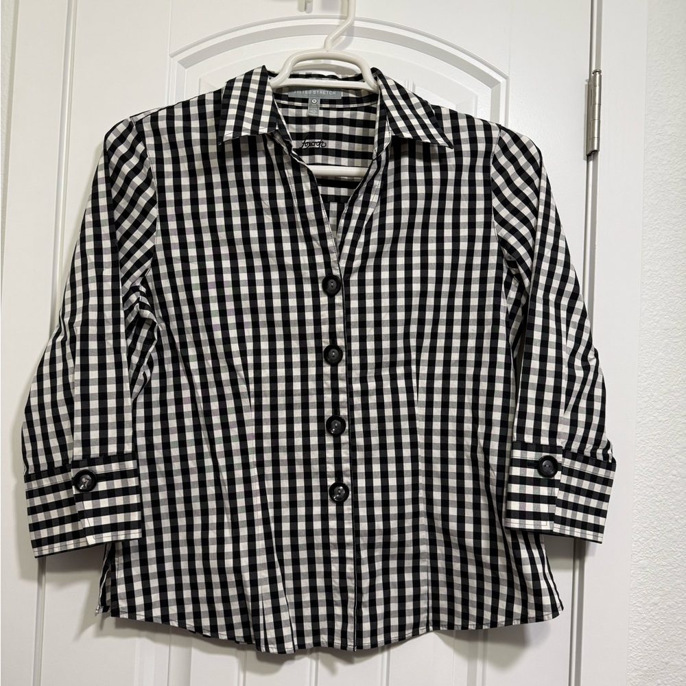 Foxcroft Women’s Black White Gingham Button Front Shirt Size 10 Plaid